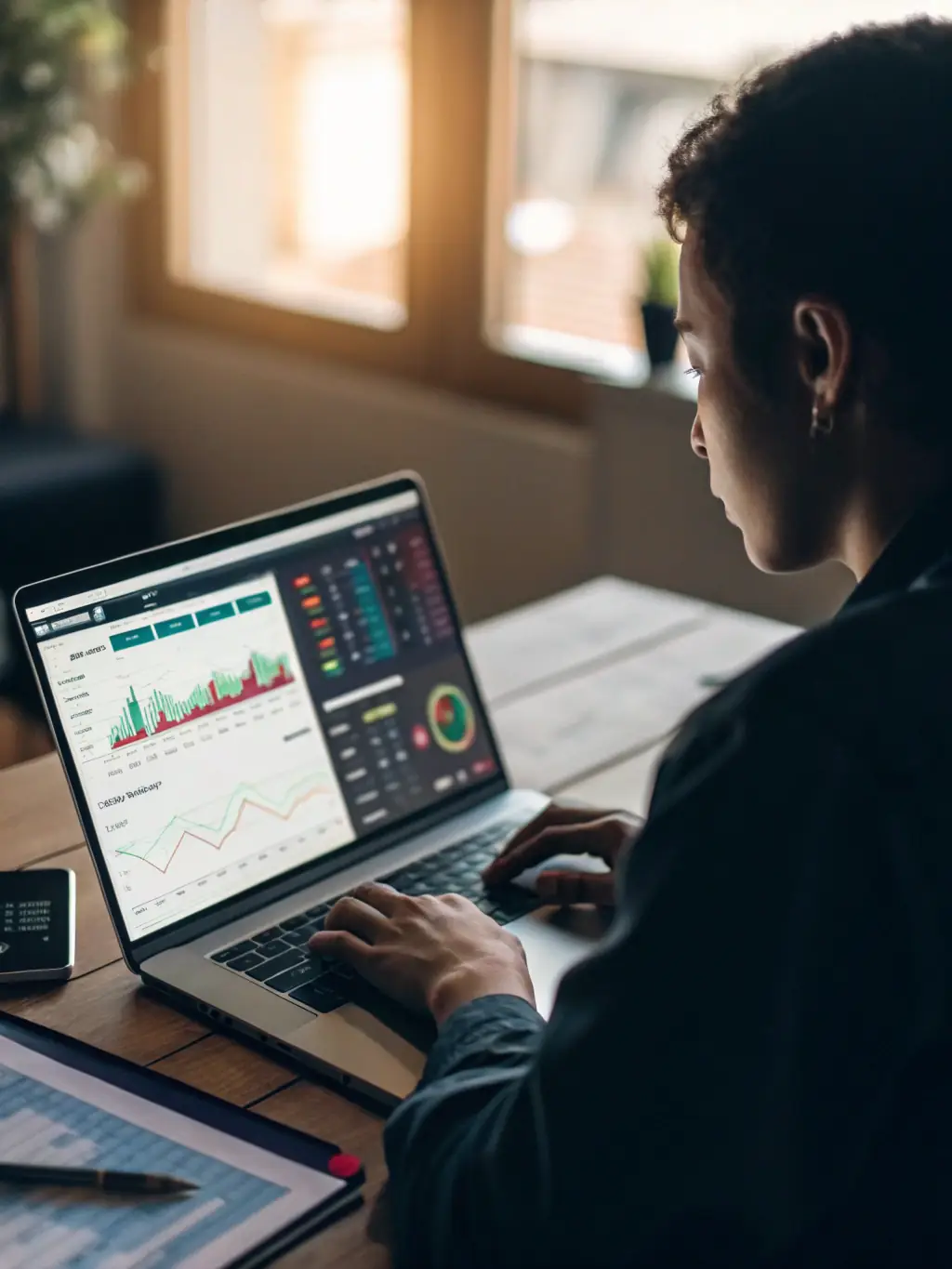 A person analyzing financial data on a computer screen, with charts and graphs visible.