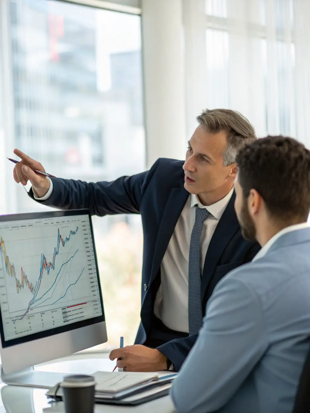 A professional photo of a financial advisor meeting with a client in a modern office setting, discussing investment strategies.