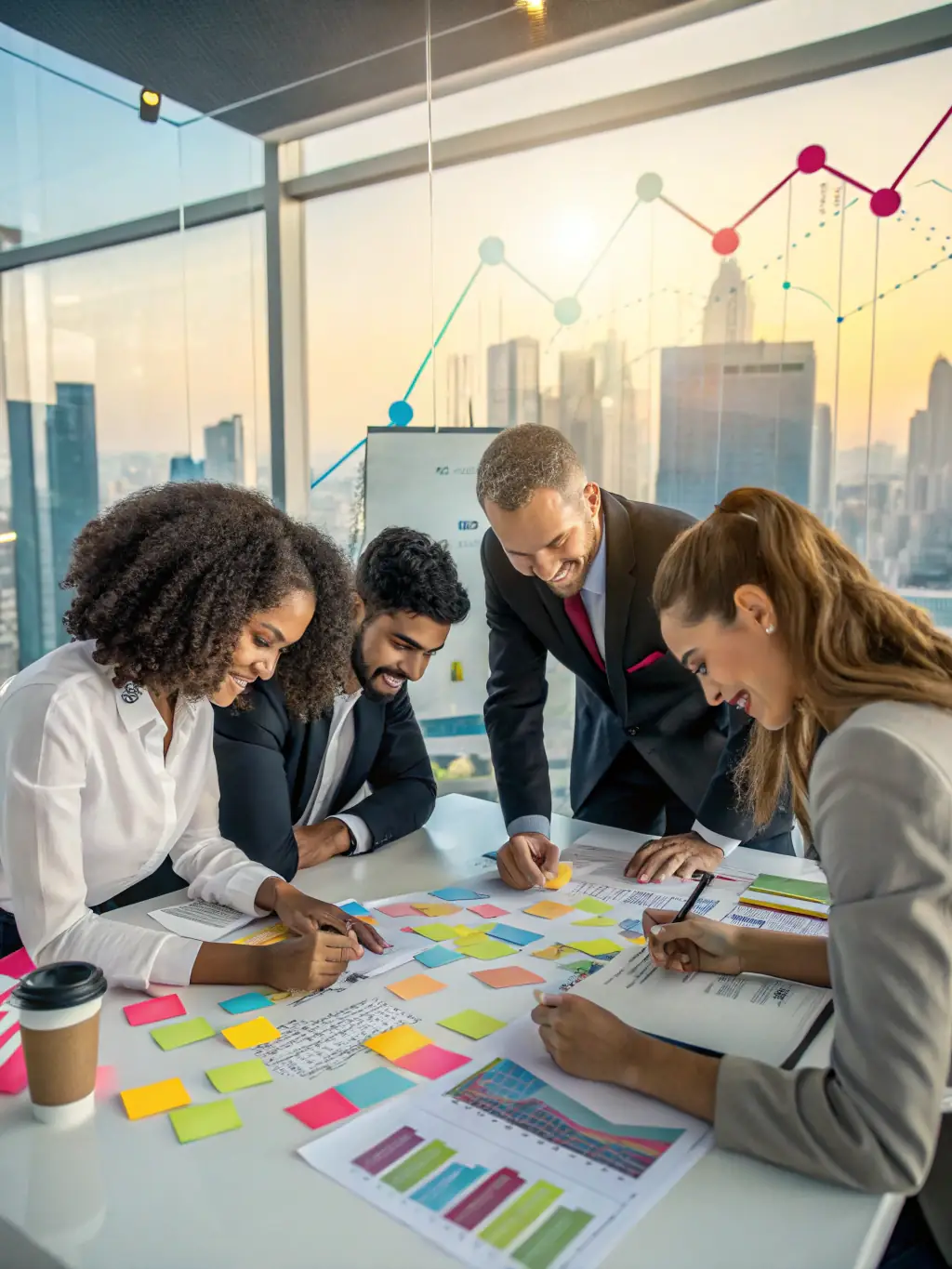 A group of business professionals collaborating on financial planning in a bright, modern office.