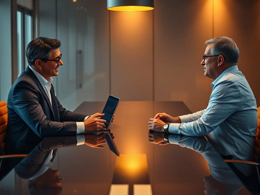Ein professionelles Beratungsgespräch zwischen Kunde und Finanzberater in einem modernen Büro, das die Vermögensverwaltung von B7 Venture Capital darstellt.